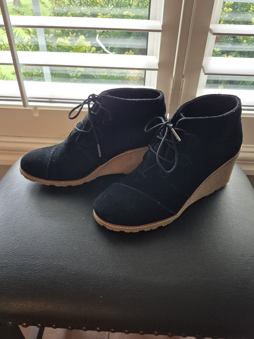 Toms Black Suede Lace-Up Wedge Booties
